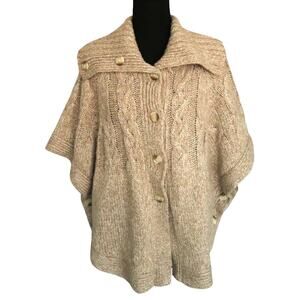 Vintage Y2K Old Navy Beige Brown Wool Poncho Womens Cable Knit Collar Large